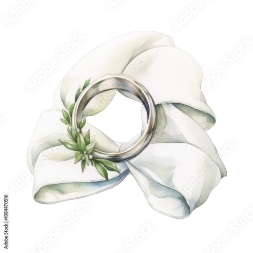 Watercolor painting of a silver wedding ring nestled in a white fabric with greenery.