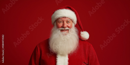 santa claus in a red abstract background with smile face and with red christmas hat