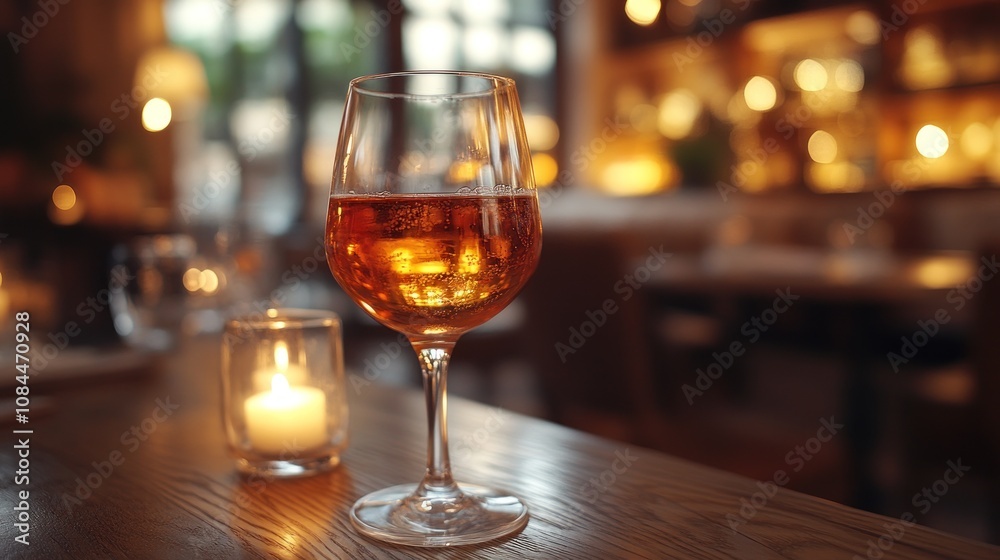 A warm drink glows in a glass beside a flickering candle, enhancing the inviting ambiance A warm drink glows in a glass beside a flickering candle, enhancing the inviting ambiance