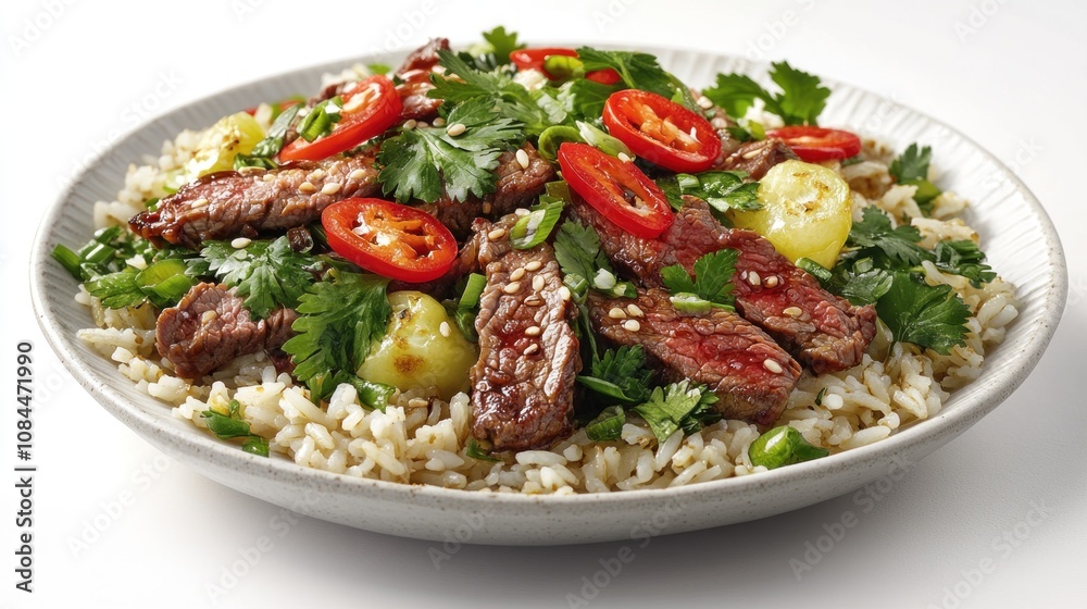 Delicious beef stir-fry topped with fresh herbs, chili, and zesty vegetables on rice Delicious beef stir-fry topped with fresh herbs, chili, and zesty vegetables on rice