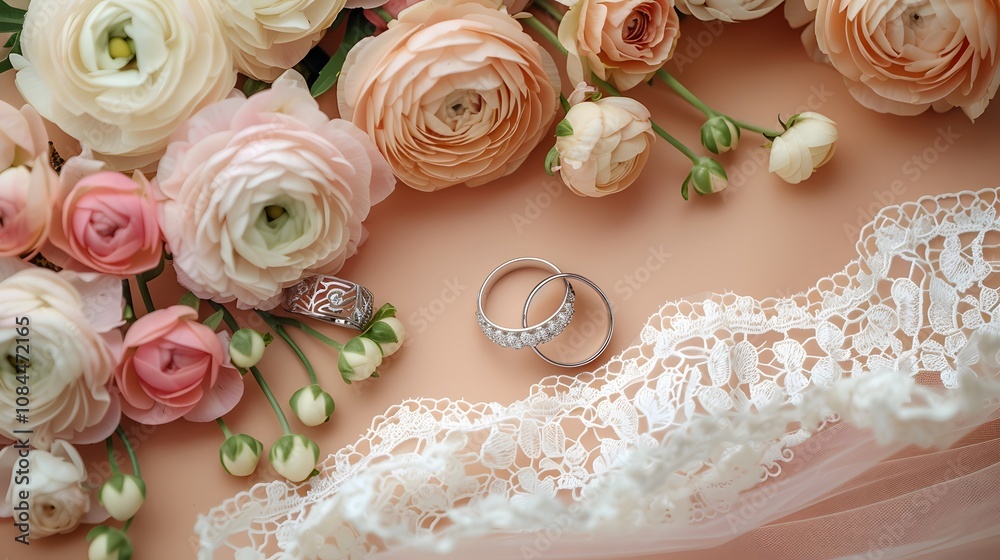 Close-up of wedding rings placed on a lace fabric surrounded by soft pastel roses and delicate flowers. Romantic wedding theme. Close-up of wedding rings placed on a lace fabric surrounded by soft pastel roses and delicate flowers. Romantic wedding theme.