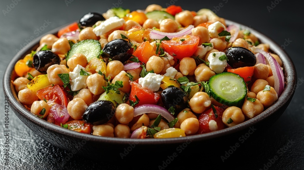 A vibrant salad filled with chickpeas, fresh veggies, and olives is ready to enjoy A vibrant salad filled with chickpeas, fresh veggies, and olives is ready to enjoy