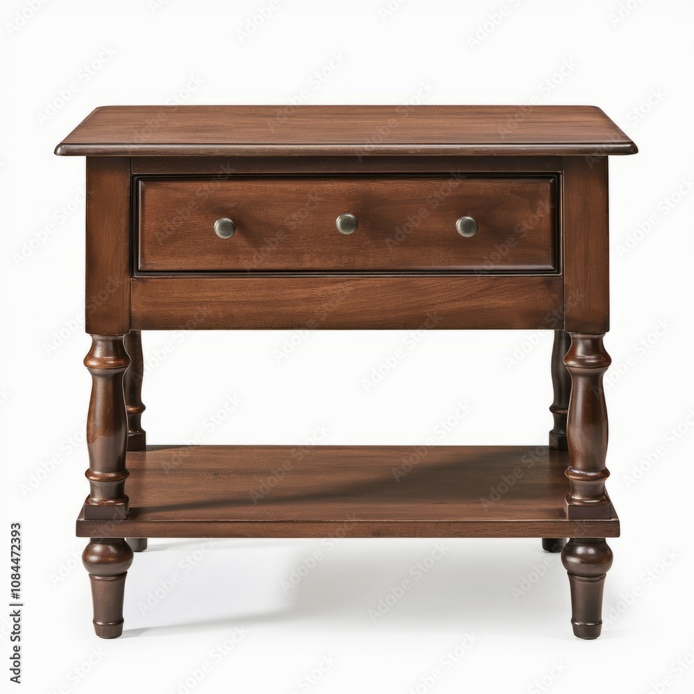 Rustic Elegance: A classic side table with a single drawer and lower shelf, crafted from rich, dark wood with intricate details, ideal for a cozy and traditional bedroom setting. Rustic Elegance: A classic side table with a single drawer and lower shelf, crafted from rich, dark wood with intricate details, ideal for a cozy and traditional bedroom setting.