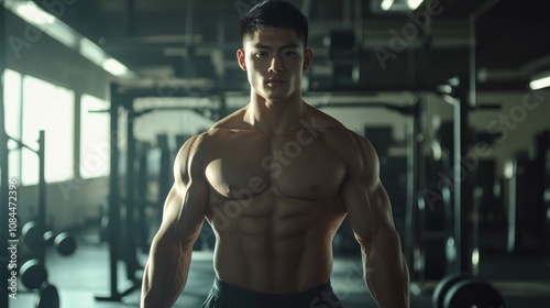 Muscular Asian Man Posing in a Gym