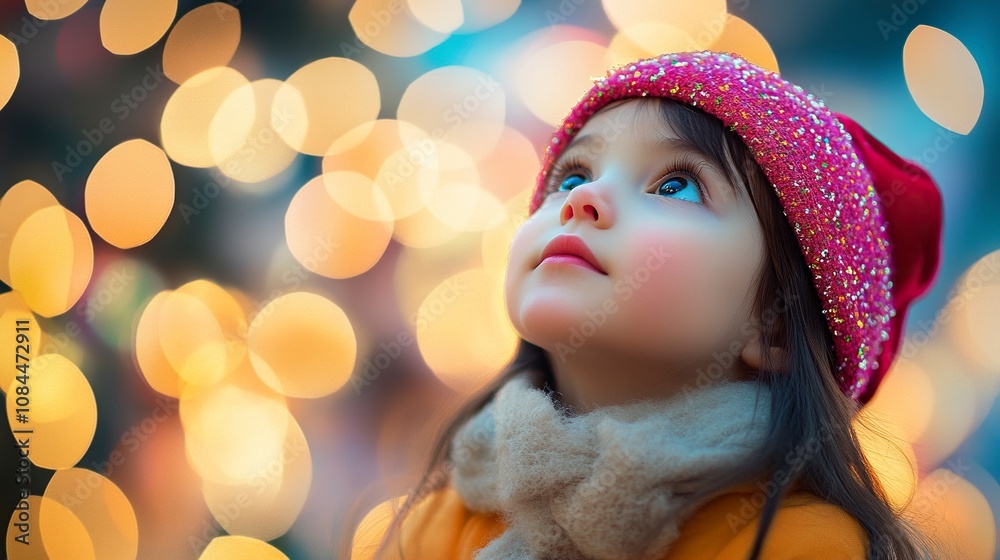 Little girl looking up, dressed as an adult, with Christmas lights reflecting on her face.generative ai Little girl looking up, dressed as an adult, with Christmas lights reflecting on her face.generative ai