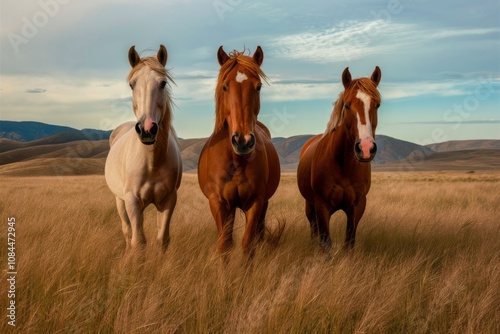 Majestic Trio: Three horses stand tall in a golden wheat field, their coats gleaming under a vast sky.  A breathtaking scene of natural beauty and untamed spirit.  photo