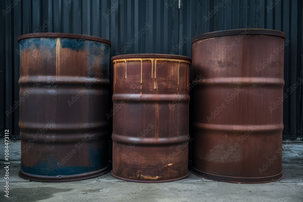 Rusty Industrial Barrels: Three weathered steel barrels stand in a row, their surfaces scarred with rust and age, a testament to the enduring power of industry. Rusty Industrial Barrels: Three weathered steel barrels stand in a row, their surfaces scarred with rust and age, a testament to the enduring power of industry.