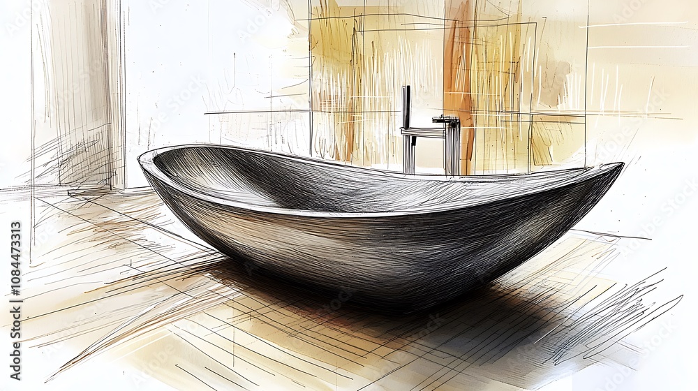 Artistic sketch of a modern bathtub showcased in a contemporary setting. Artistic sketch of a modern bathtub showcased in a contemporary setting.