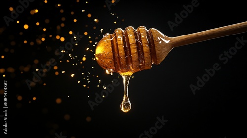 Honey dripping from a dipper , sweet, golden, sticky, drizzle, organic, natural, wooden, spoon, dessert, sweetener, healthy, flowing