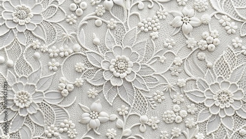 Delicate lace and floral patterns in a crisp white texture background, classic style, subtle nuance, intricate details