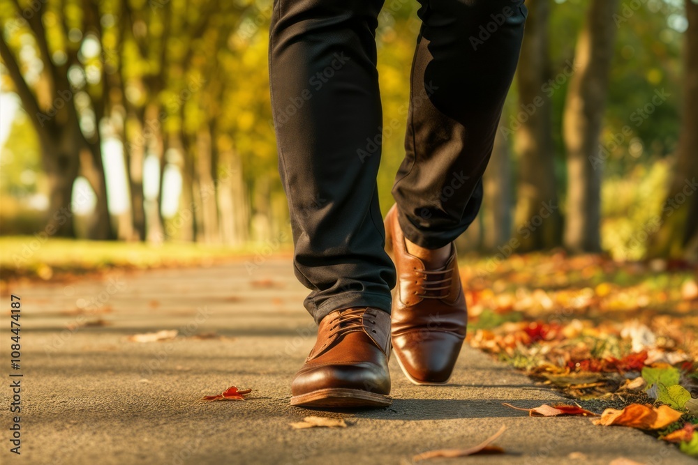 Autumn Stroll: A man walks a path in autumn wearing stylish brown leather shoes Autumn Stroll: A man walks a path in autumn wearing stylish brown leather shoes