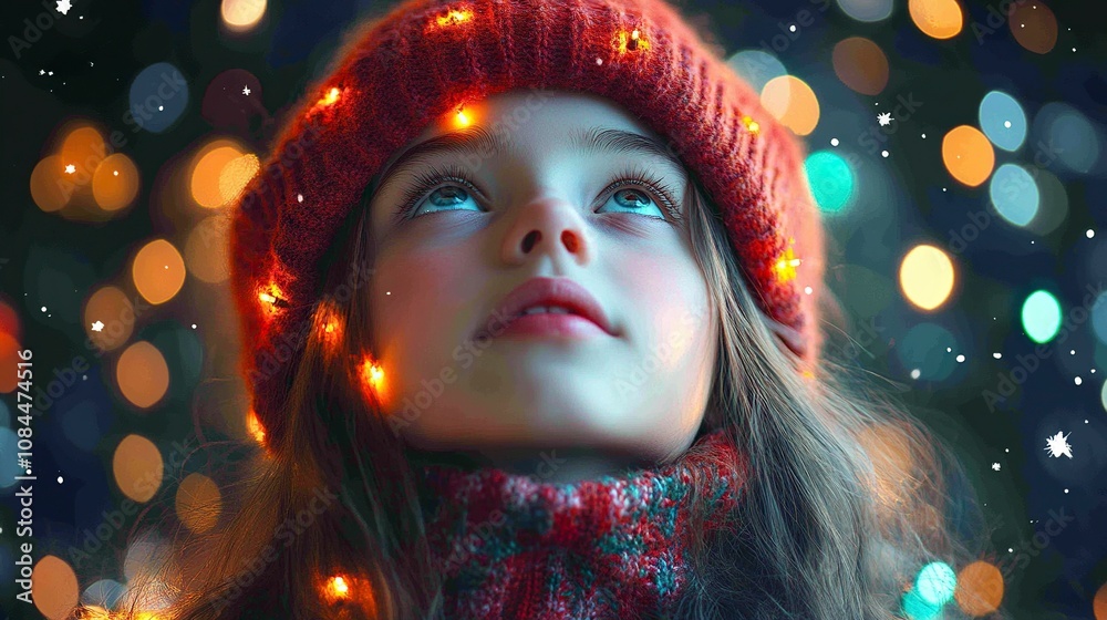Little girl looking up, dressed as an adult, with Christmas lights reflecting on her face. generative ai