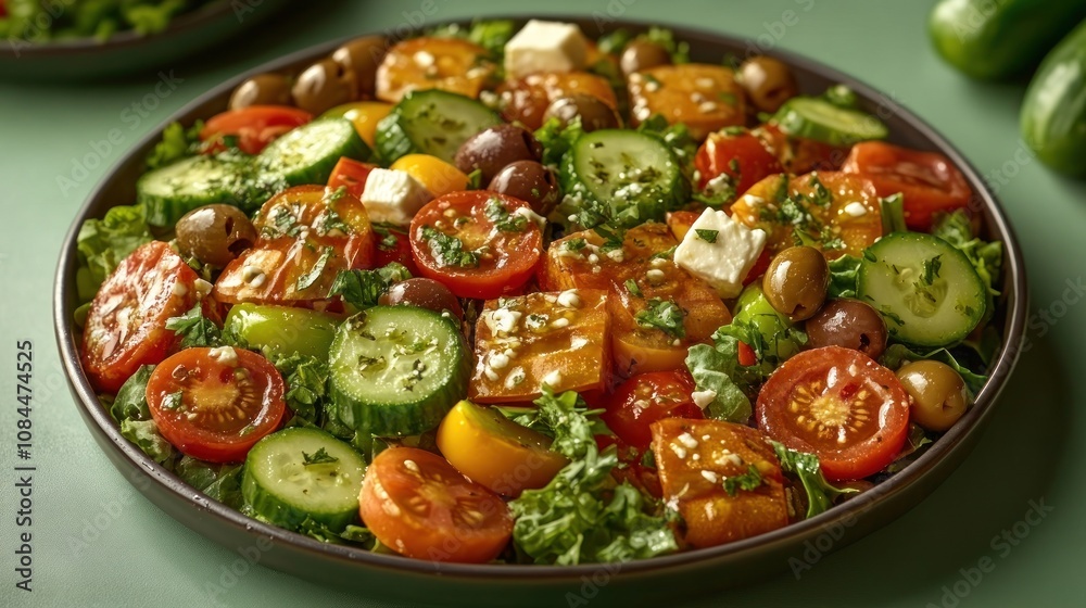 A colorful selection of cucumbers, tomatoes, olives, and greens creates a nourishing dish A colorful selection of cucumbers, tomatoes, olives, and greens creates a nourishing dish