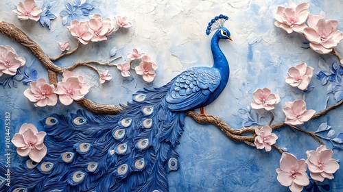 3D blue peacock with spread tail feathers and pink flowers on a branch against a textured light blue background.