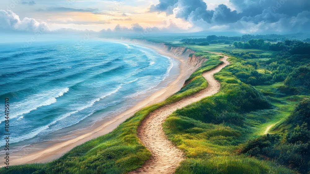 Coastal Path Winding Through Lush Landscapes, Majestic Ocean Views Coastal Path Winding Through Lush Landscapes, Majestic Ocean Views