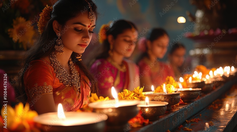 Indian women praying with candles in temple during diwali festival Indian women praying with candles in temple during diwali festival