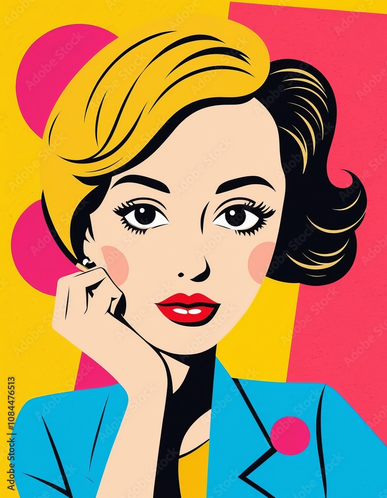Vibrant pop art portrait of woman with bold colors and retro style Vibrant pop art portrait of woman with bold colors and retro style