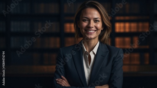 a smiling business woman wearing suit and smiling. Close up portrait. Generative AI image, dark background, dramatic color, cinema