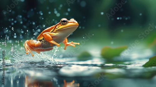 Orange frog jumping in water with splashing droplets photo