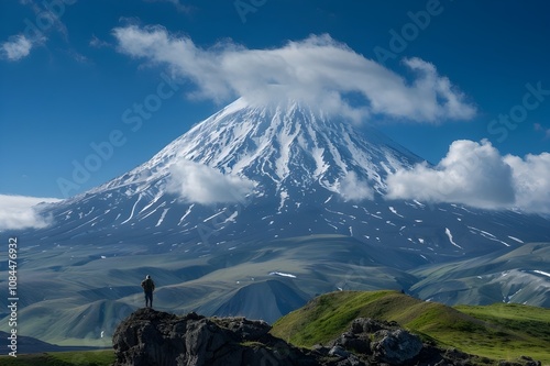 Stunning view of a snow-capped volcano in Kamchatka, Russia, with a solitary figure standing on a rock, set against a deep blue sky. --ar 32 --v 6.0 - Image #3 @liaqat photo