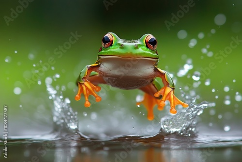 Green and orange frog jumping in water with splashing photo