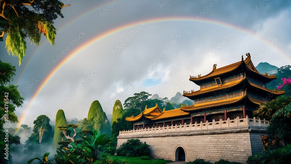 Obraz premium chinese temple with rainbow