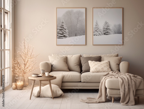 Modern minimalist Scandinavian style interior in neutral colors with Christmas decor, neutral couch and winter art on the wall. Holiday season interior. Winter mood interior.