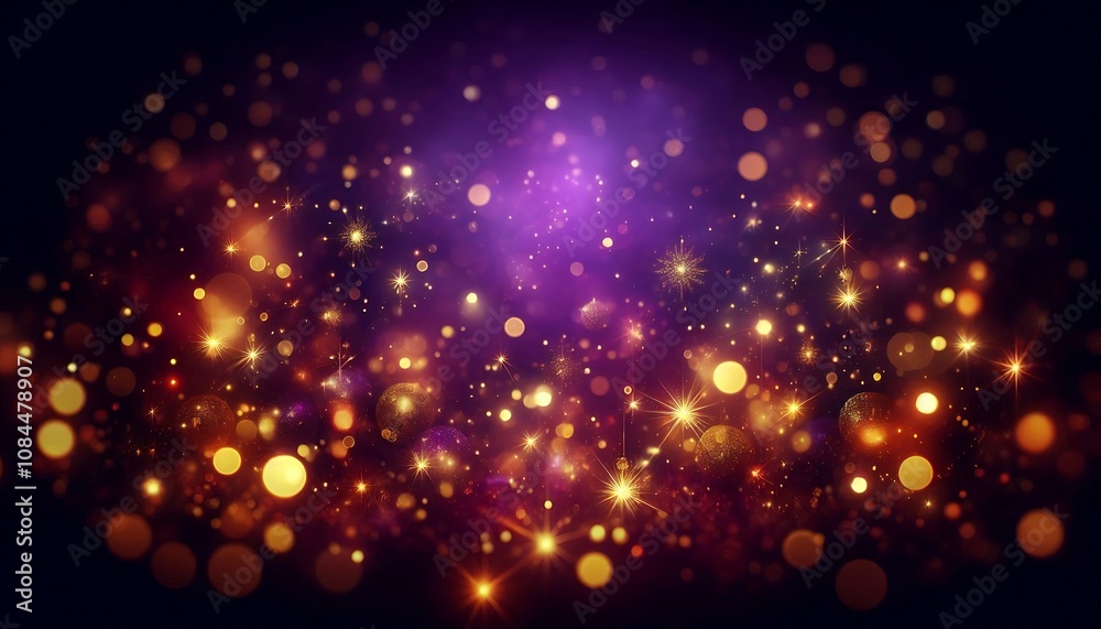 Obraz premium deep purple background with floating golden lights and bokeh for sophisticated New Year greeting card,banner copy space