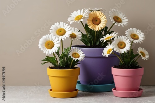 Vibrant Daisies in Bright Planters on a Neutral Backdrop