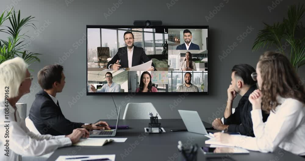 Diverse multinational business partners, clients and company executive managers lead virtual meeting using videoconferencing application. Virtual meeting event, remote negotiations, modern technology