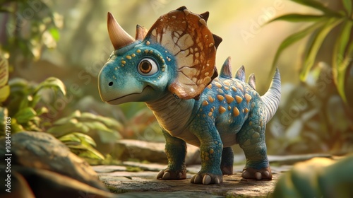 Adorable baby dinosaur in a lush prehistoric jungle setting.  Its teal and gold scales shimmer in the soft sunlight. photo