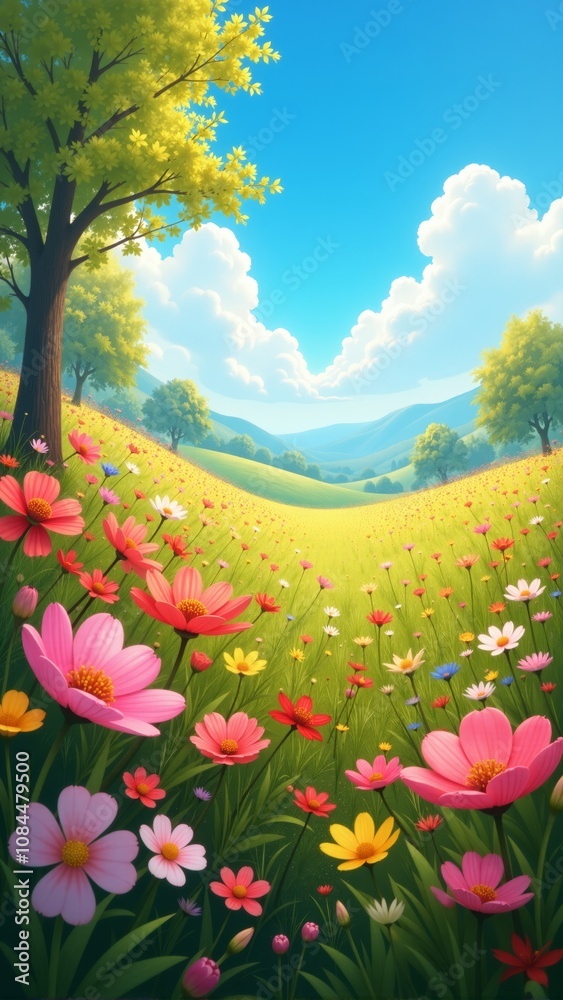 Fototapeta premium A colorful meadow brimming with vibrant flowers under a bright sunny sky in springtime