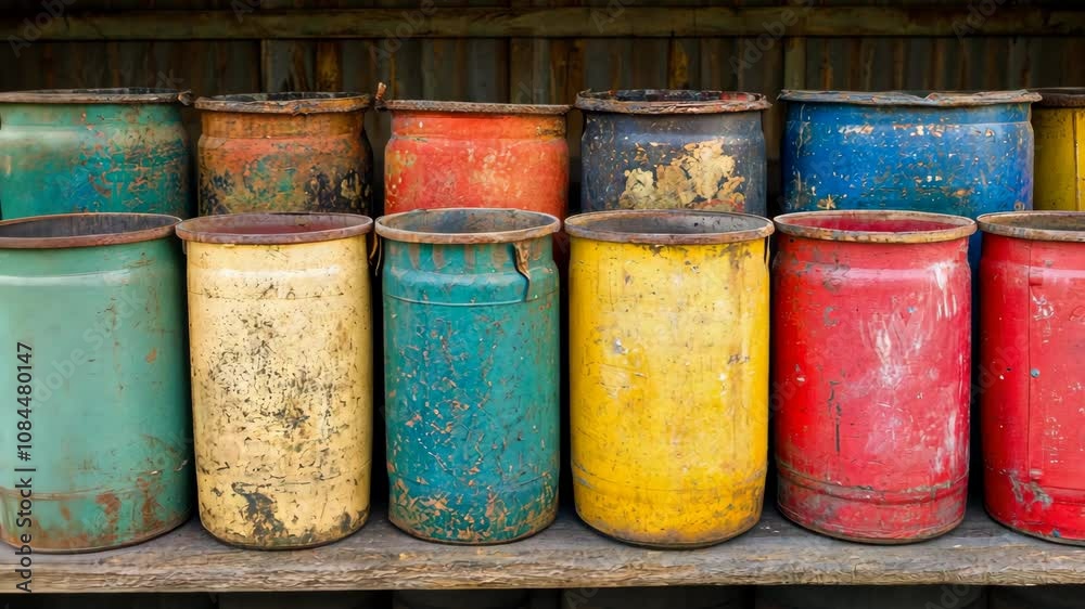 Several rusty, paint-chipped metal barrels of varying colors are neatly arranged on a weathered wooden shelf Several rusty, paint-chipped metal barrels of varying colors are neatly arranged on a weathered wooden shelf