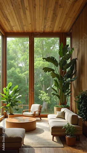 A luxurious, stylish,  wooden warm modernist interior with panoramic windows with elegant, organic wooden elements, surrounded by lush, paradise nature.