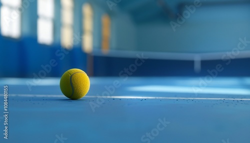 Yellow tennis ball on a blue court, sports concept photo