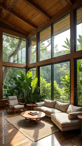 A luxurious, stylish,  wooden warm modernist interior with panoramic windows with elegant, organic wooden elements, surrounded by lush, paradise nature.