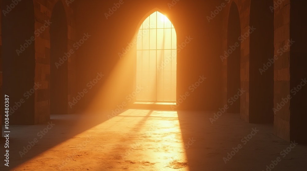 Rays of light in an antique interior with an arched window in warm tones Rays of light in an antique interior with an arched window in warm tones