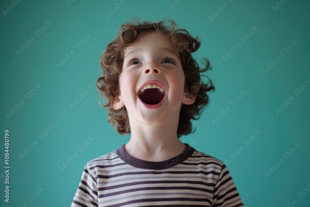 Joyful child laughing against teal background in striped shirt Joyful child laughing against teal background in striped shirt