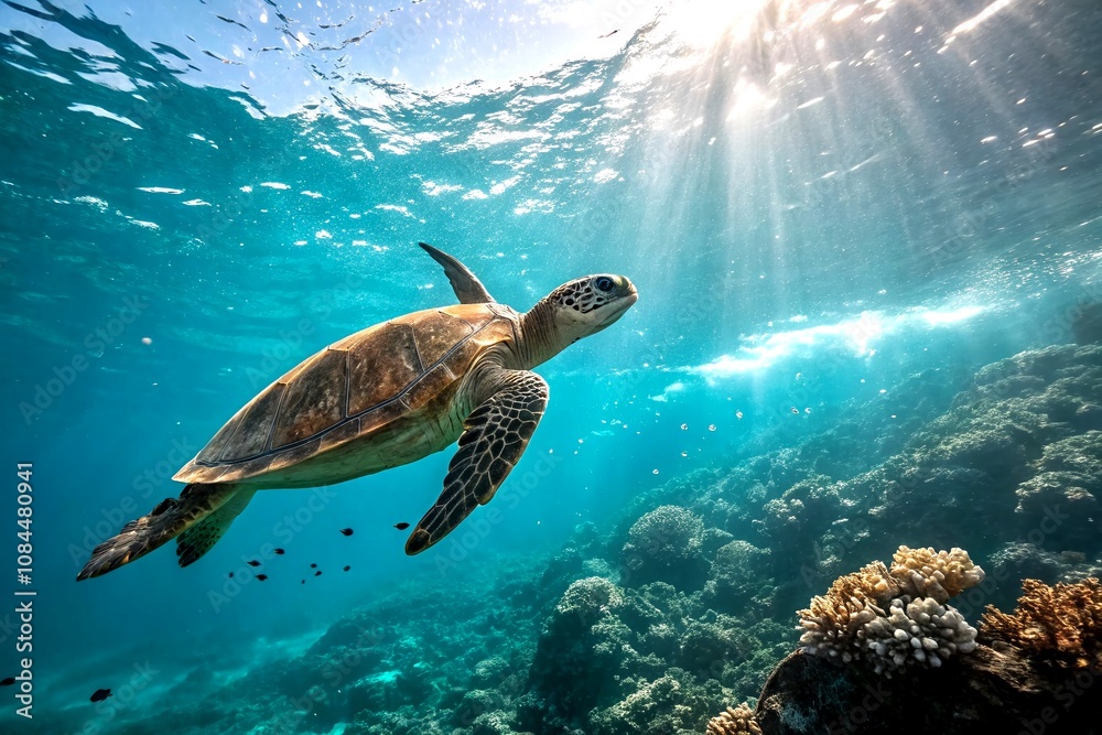 Majestic Sea Turtle Gliding Through Crystal Clear Blue Waters in Slow Motion, Capturing the Beauty of Marine Life and Underwater Exploration in Vibrant Ocean Environment Majestic Sea Turtle Gliding Through Crystal Clear Blue Waters in Slow Motion, Capturing the Beauty of Marine Life and Underwater Exploration in Vibrant Ocean Environment
