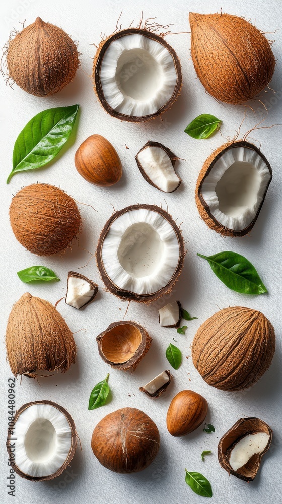 Stunning Coconut Display with Fresh Green Leaves on White Background