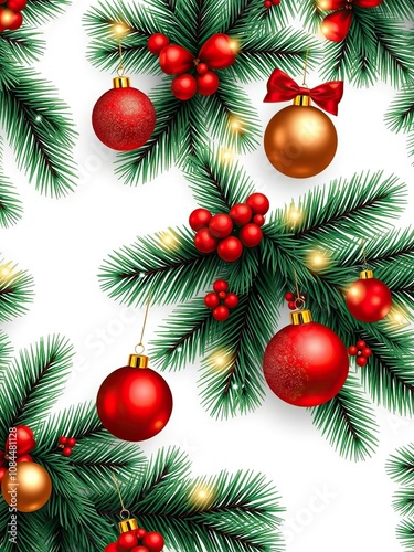 Christmas tree pattern with green pine branches, red and gold baubles, and twinkling lights, twinkling lights, pattern