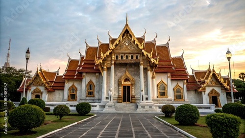 Majestic Wat Benchamabophit: A Glimpse into the Ancient Buddhist Temple's Serene Architecture and Tranquil Surroundings in Bangkok's Cultural Heritage