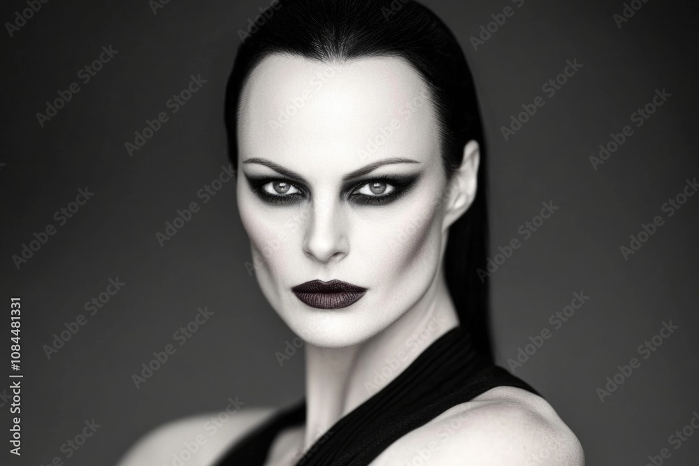 Striking gothic portrait with bold makeup and monochrome aesthetic Striking gothic portrait with bold makeup and monochrome aesthetic