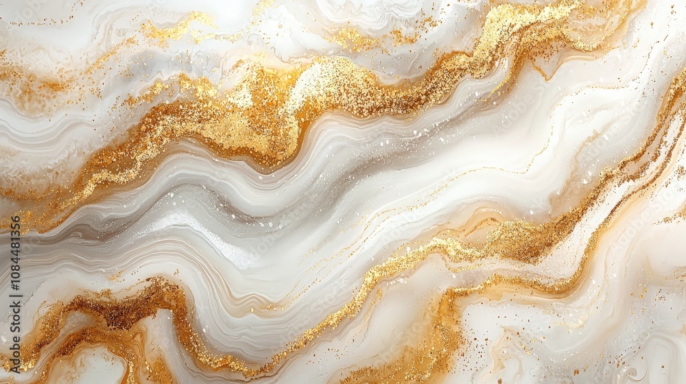 A marbled surface with flowing patterns in white, gold, and gray tones.