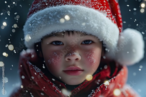 niÃ±o con gorro de Sant Claus, estÃ¡ nevando, fondo de aveto decorado con mini lucecitas de navidad, realistic, photo-realistic, hyperrealism, 8k, generative ai photo