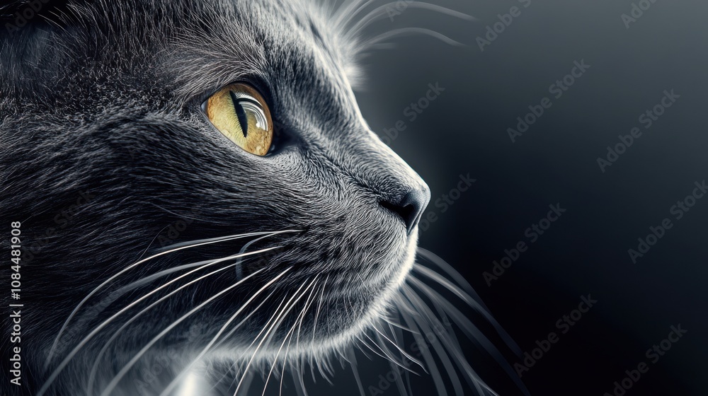 Close-up profile of a gray cat with striking yellow eyes. The dark background accentuates the cat's features, creating a dramatic and captivating image. Close-up profile of a gray cat with striking yellow eyes. The dark background accentuates the cat's features, creating a dramatic and captivating image.