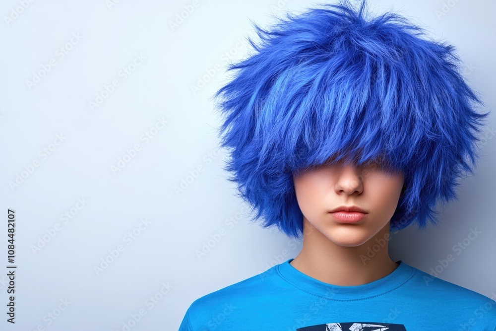 Vibrant blue hairstyle and shirt against minimalist background Vibrant blue hairstyle and shirt against minimalist background