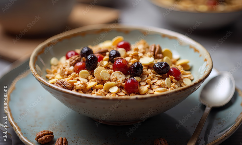 High-fiber muesli bowl with nuts and dried fruits High-fiber muesli bowl with nuts and dried fruits