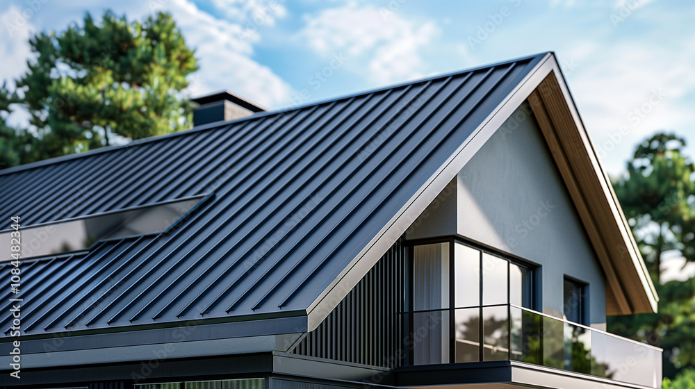 Close up of grey metal roof on modern house 3D render Close up of grey metal roof on modern house 3D render