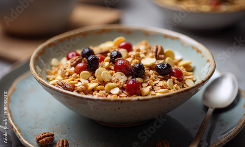 High-fiber muesli bowl with nuts and dried fruits